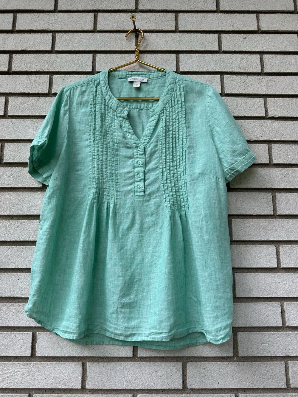 Coldwater Creek Aqua 100% Linen Pintuck Henley Tunic Blouse Coastal L